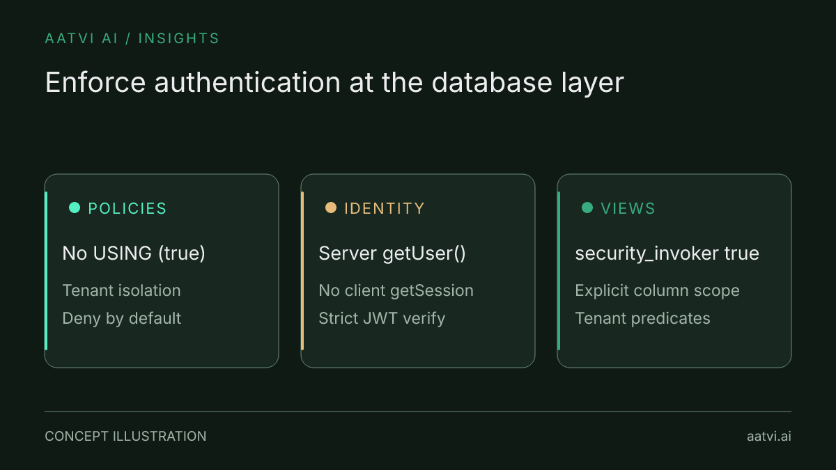 Three pillars of secure AI app authorization: strict RLS policies, server-verified sessions, and secure database views.