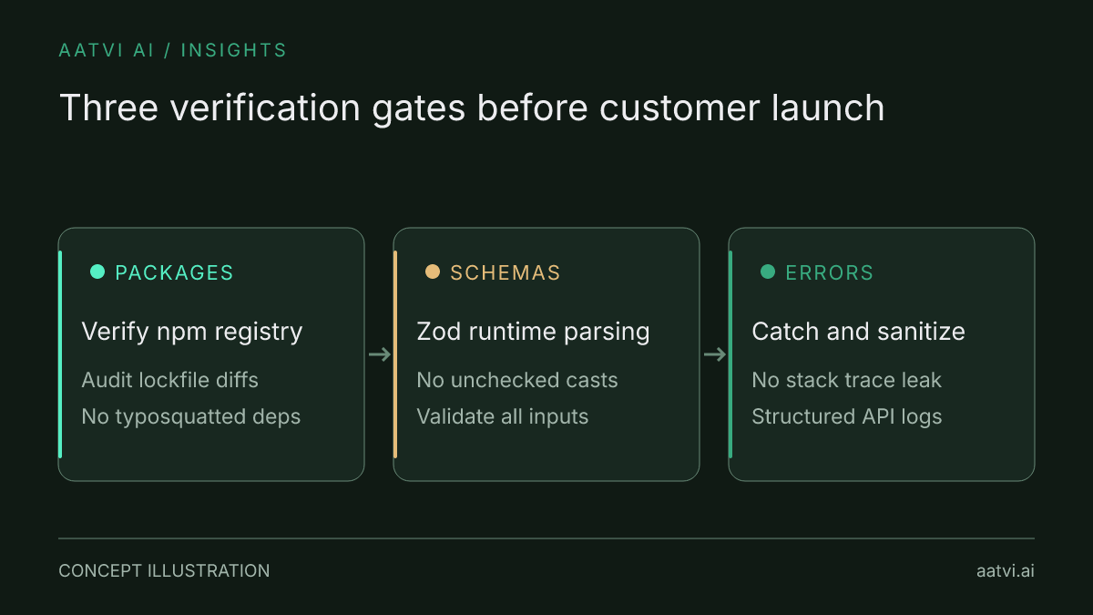 Three systematic review gates for Cursor codebases: dependency verification, runtime schema validation, and error sanitization.