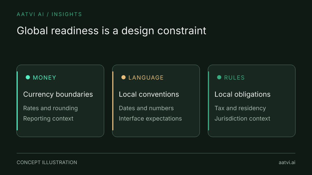 Global enterprise design has three parallel concerns: currencies and rounding, languages and local formats, and jurisdiction-specific rules.