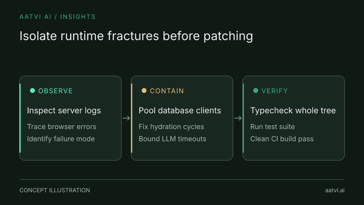 Three-step triage for broken vibe-coded apps: inspect runtime logs, contain failing subsystems, and verify with tests.
