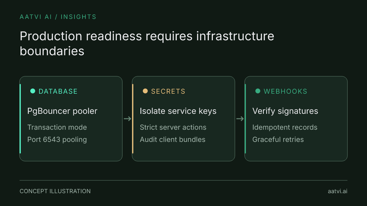 Three essential production transitions for Lovable apps: connection pooling, secret isolation, and idempotent webhooks.