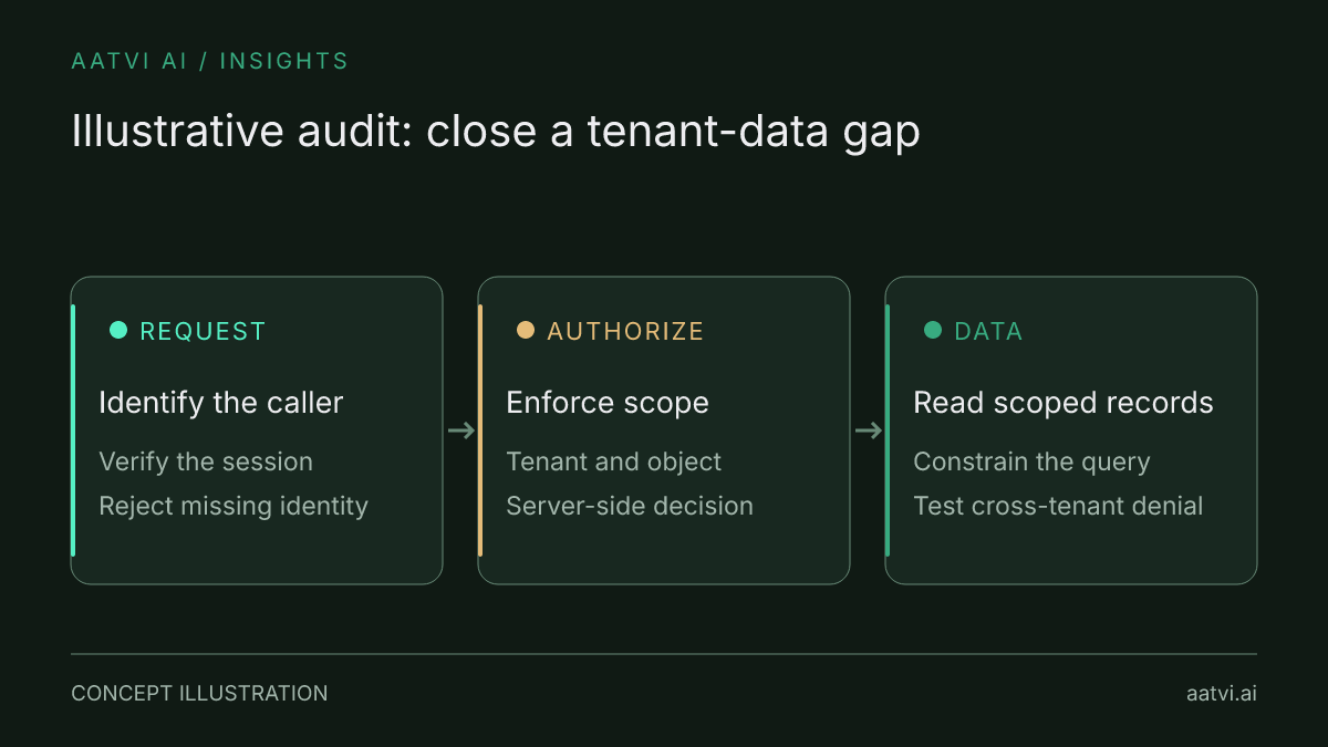Illustrative tenant-data protection: authenticate the request, enforce tenant and object authorization on the server, then access only scoped records.