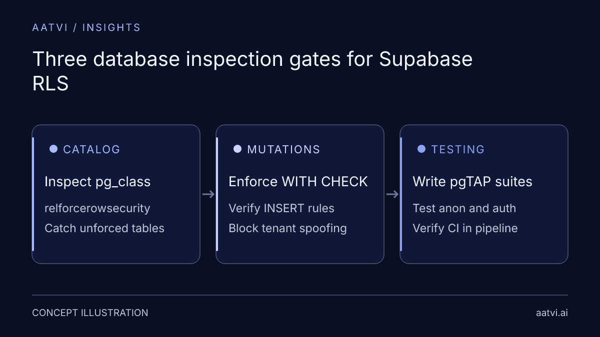Three database inspection gates: catalog auditing, mutation check verification, and automated regression testing.