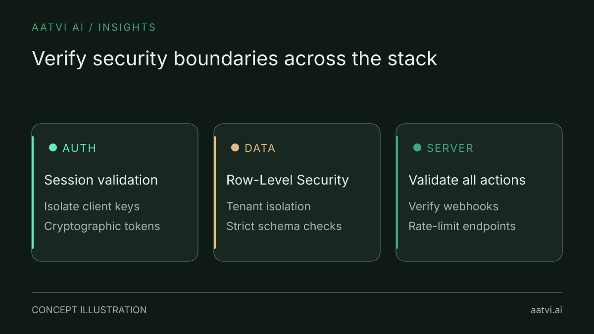 Three audit layers for vibe-coded apps: authentication tokens, database row-level security, and server validation.