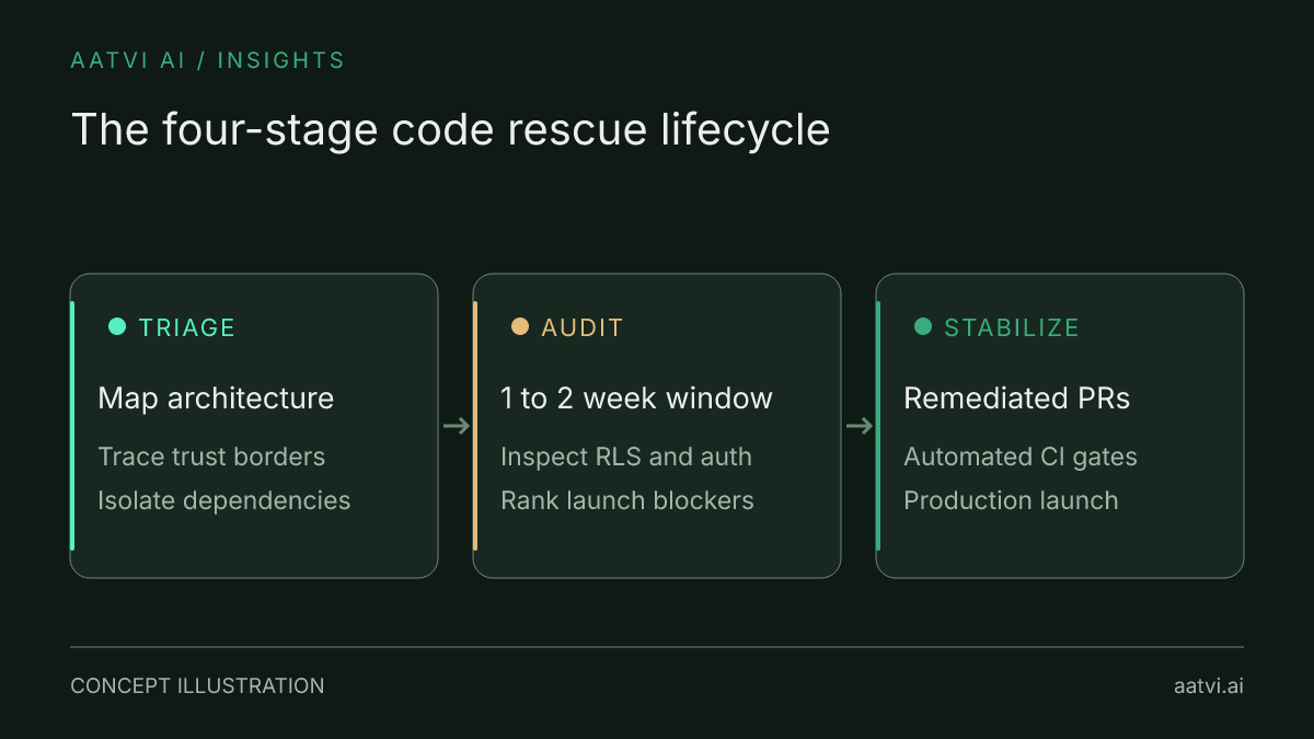 The four stages of a professional vibe coding cleanup engagement from triage and audit to backlog prioritization and stabilization.