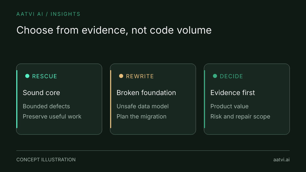 Rescue fits a sound core with bounded defects; rewrite fits broken foundations; an evidence review weighs product value, migration risk and repair scope.