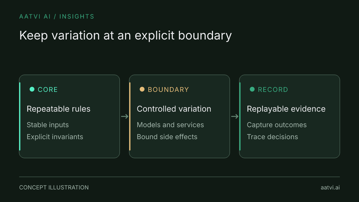 A deterministic core passes through a controlled boundary for external or model-driven variation, then records outcomes for replay and audit.