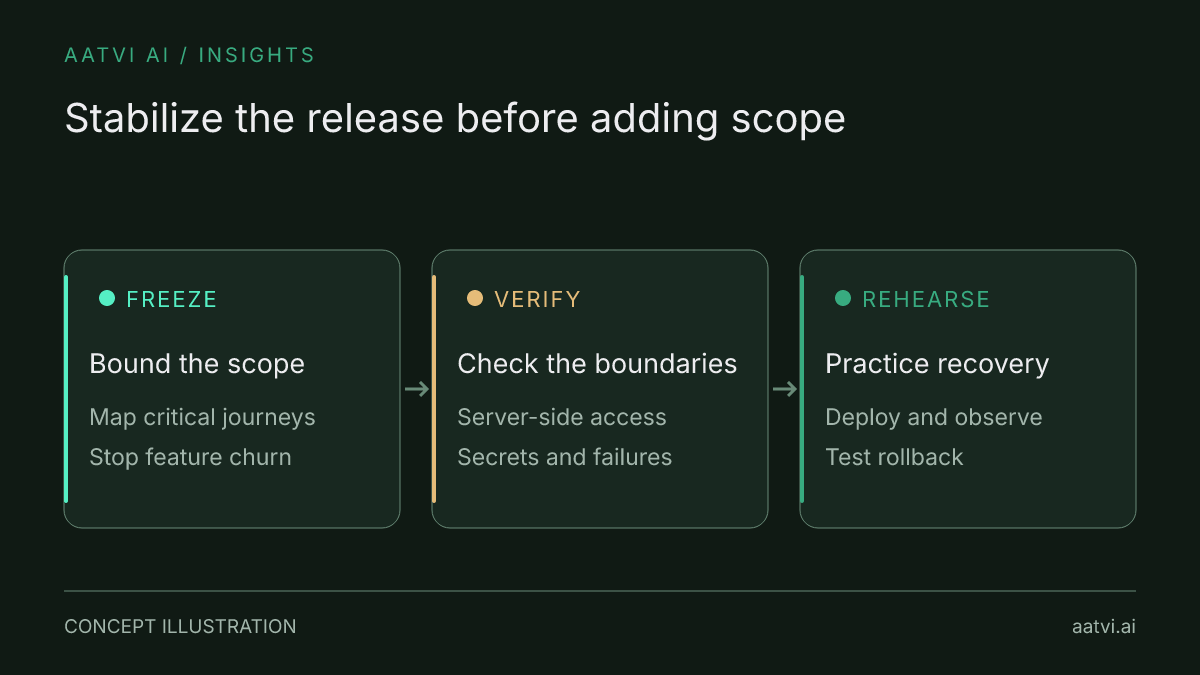 A cleanup sequence freezes feature scope, checks server-side trust and failure paths, then rehearses deployment and rollback.