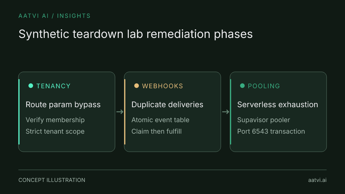 Synthetic teardown phases: tenant boundary validation, webhook idempotency transactions, and connection pool stabilization.