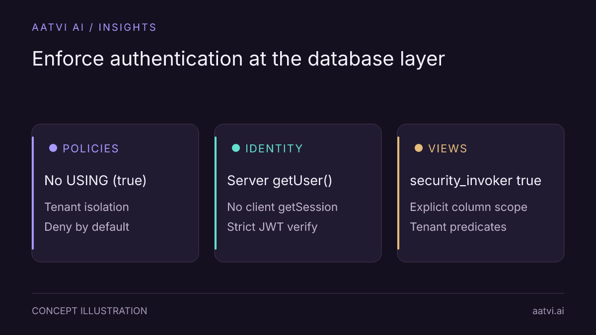 Three pillars of secure AI app authorization: strict RLS policies, server-verified sessions, and secure database views.