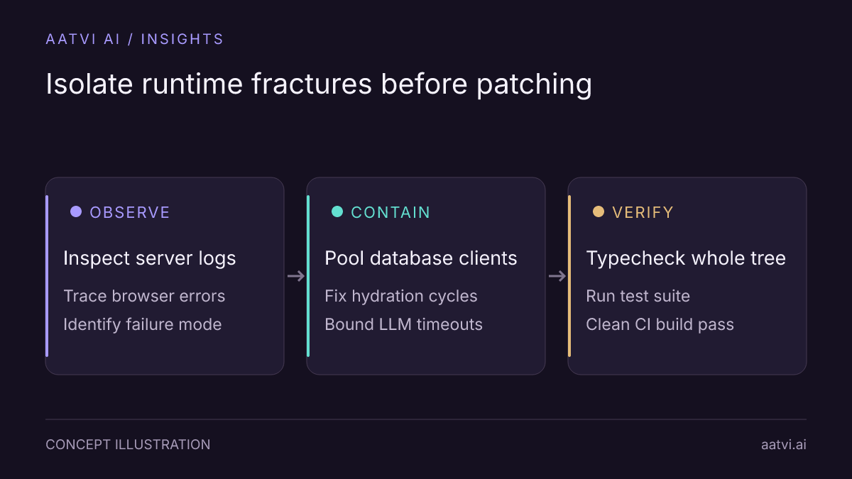 Three-step triage for broken vibe-coded apps: inspect runtime logs, contain failing subsystems, and verify with tests.