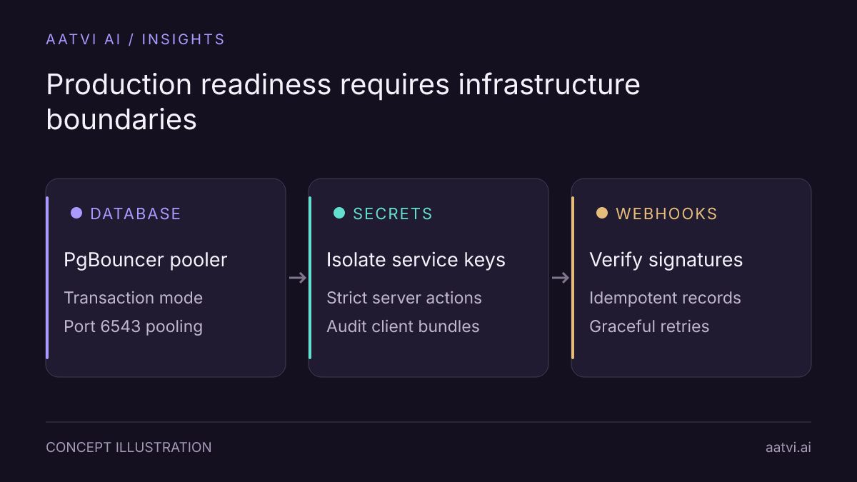 Three essential production transitions for Lovable apps: connection pooling, secret isolation, and idempotent webhooks.