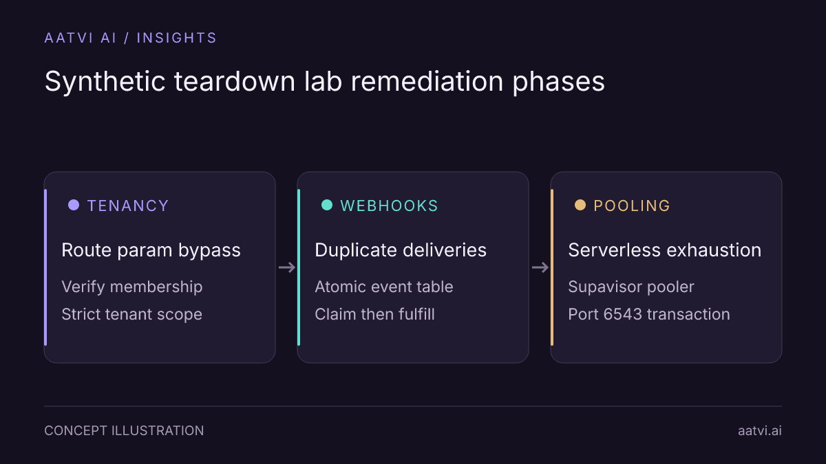 Synthetic teardown phases: tenant boundary validation, webhook idempotency transactions, and connection pool stabilization.