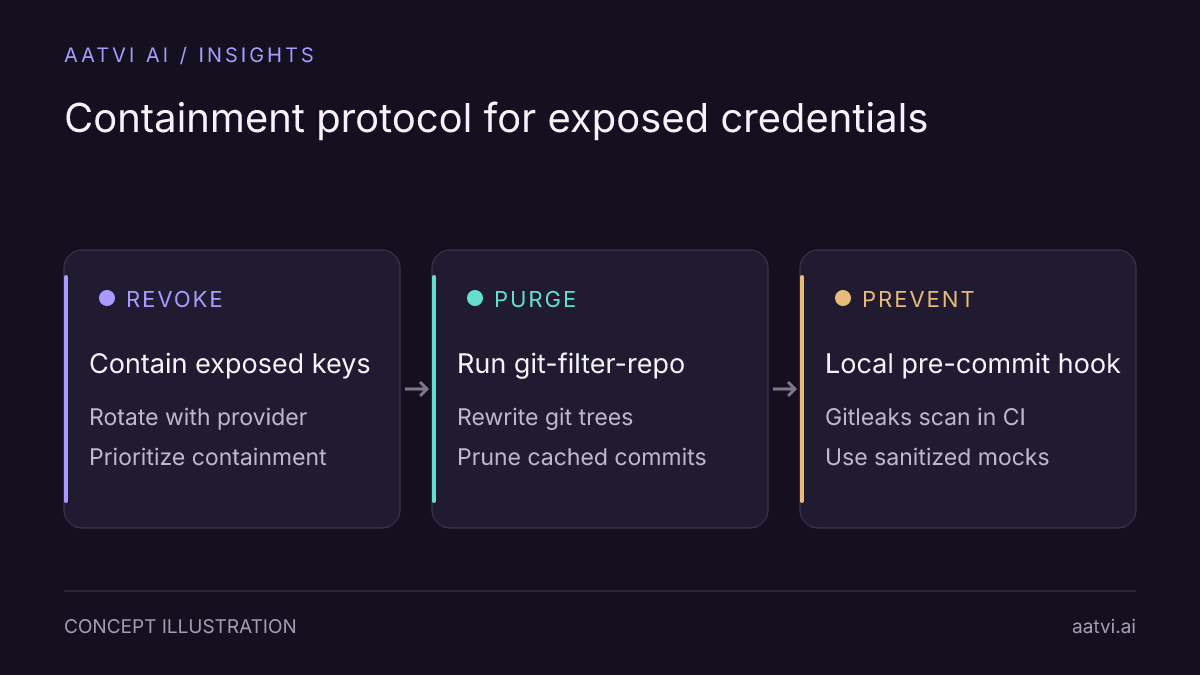 Three containment stages: immediate key revocation, git history purging with git-filter-repo, and pre-commit hook prevention.