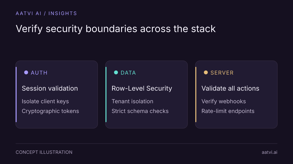 Three audit layers for vibe-coded apps: authentication tokens, database row-level security, and server validation.