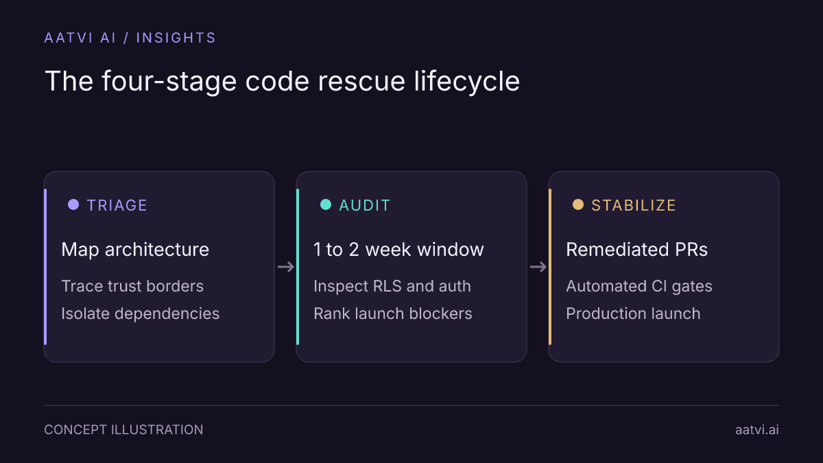 The four stages of a professional vibe coding cleanup engagement from triage and audit to backlog prioritization and stabilization.